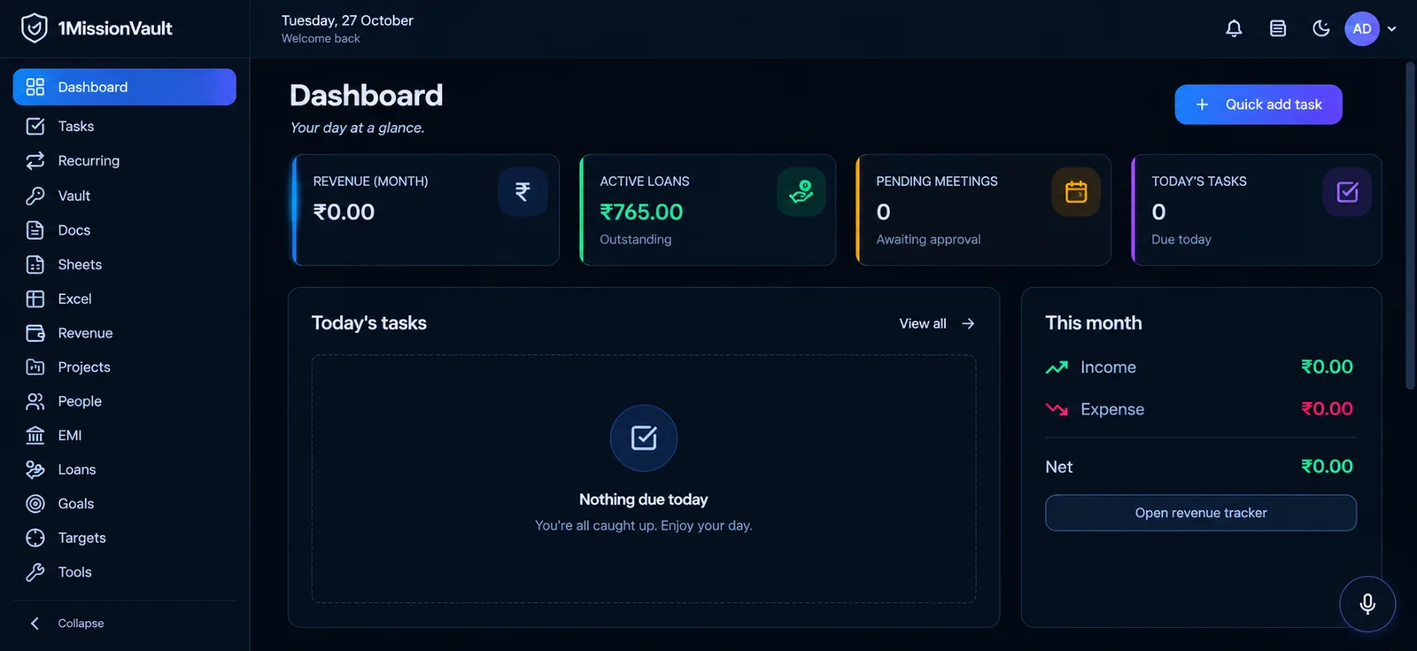 1MissionVault dashboard: revenue, active loans, pending meetings and today\'s tasks, with the task list and this month\'s income and expenses