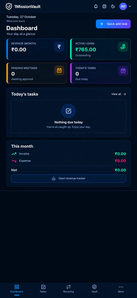 1MissionVault mobile dashboard