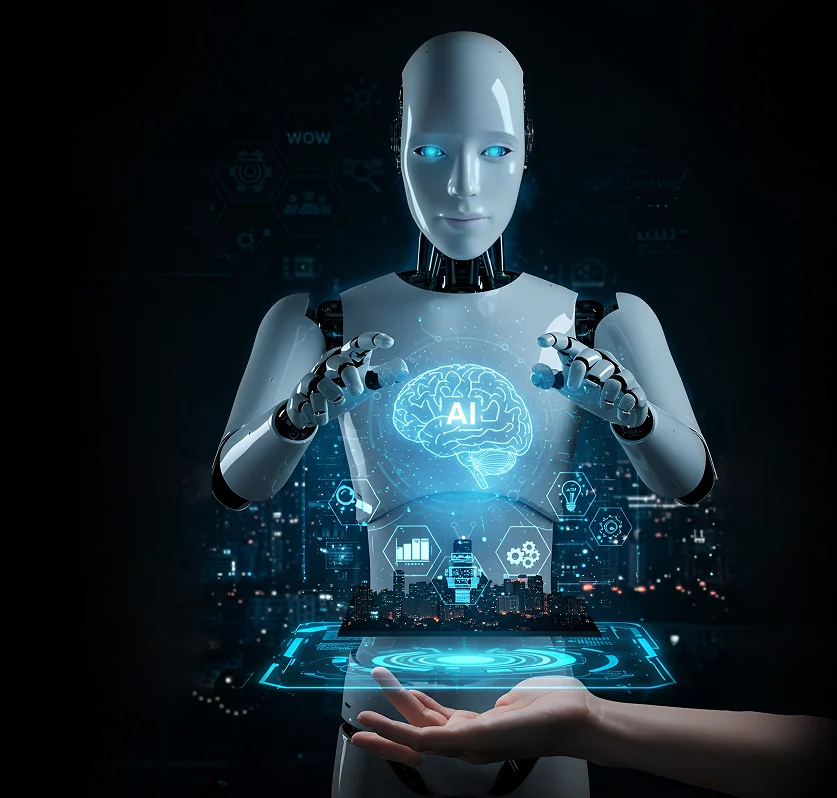 Humanoid robot holding a glowing AI brain hologram between its hands