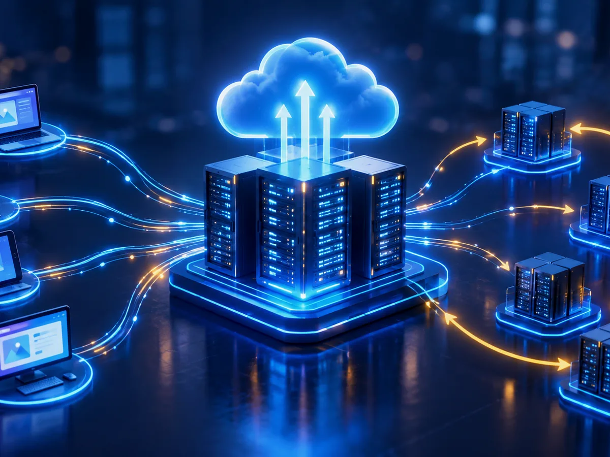 Cloud server cluster linked to laptops, phones and more servers by glowing data lines